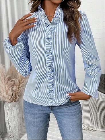 SweatyRocks Women's Striped Long Sleeve Blouse Ruffle V Neck Work Shirt Tops in Saudi Arabia