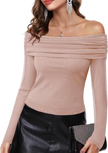 Women's Off The Shoulder Long Sleeve Sexy Slimming Chiffon Sheer Mesh Ruched Blouse Tops in Saudi Arabia