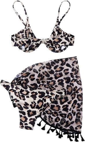 SweatyRocks Women's 3 Piece Bikini Set Leopard Print Triangle Swimsuit with Cover Up in Saudi Arabia