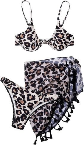 SweatyRocks Women's 3 Piece Bikini Set Leopard Print Triangle Swimsuit with Cover Up in Saudi Arabia