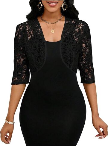 OYOANGLE Women's Floral Lace 3/4 Sleeve Dressy Bolero Shrugs Open Front Lightweight Cropped Cardigans in Saudi Arabia