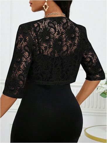 OYOANGLE Women's Floral Lace 3/4 Sleeve Dressy Bolero Shrugs Open Front Lightweight Cropped Cardigans in Saudi Arabia