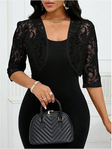 OYOANGLE Women's Floral Lace 3/4 Sleeve Dressy Bolero Shrugs Open Front Lightweight Cropped Cardigans in Saudi Arabia