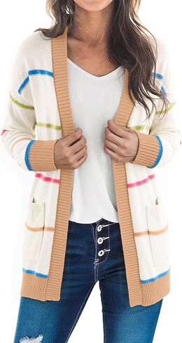 Sidefeel Women's Lightweight Cardigan Sweaters Open Front Long Sleeve Casual Striped Cardigans with Pockets in Saudi Arabia