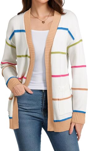 Sidefeel Women's Lightweight Cardigan Sweaters Open Front Long Sleeve Casual Striped Cardigans with Pockets in Saudi Arabia