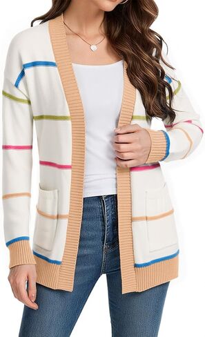 Sidefeel Women's Lightweight Cardigan Sweaters Open Front Long Sleeve Casual Striped Cardigans with Pockets in Saudi Arabia