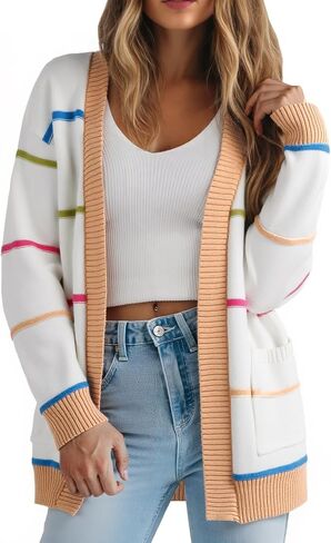 Sidefeel Women's Lightweight Cardigan Sweaters Open Front Long Sleeve Casual Striped Cardigans with Pockets in Saudi Arabia