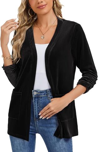 Velvet Cardigans for Women's Ruched 3/4 Sleeve Open Front Collarless Casual Office Work Velvet Cardigan Pockets in Kuwait