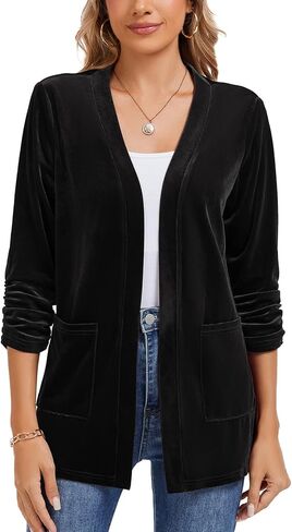 Velvet Cardigans for Women's Ruched 3/4 Sleeve Open Front Collarless Casual Office Work Velvet Cardigan Pockets in Kuwait
