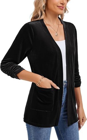 Velvet Cardigans for Women's Ruched 3/4 Sleeve Open Front Collarless Casual Office Work Velvet Cardigan Pockets in Kuwait