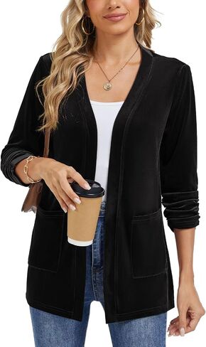 Velvet Cardigans for Women's Ruched 3/4 Sleeve Open Front Collarless Casual Office Work Velvet Cardigan Pockets in Kuwait