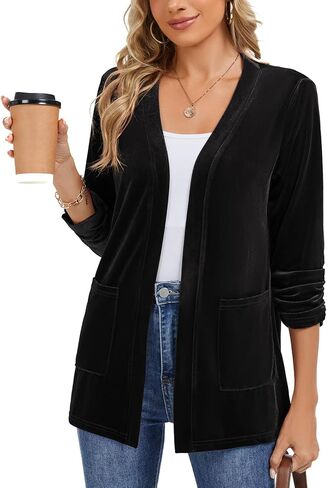 Velvet Cardigans for Women's Ruched 3/4 Sleeve Open Front Collarless Casual Office Work Velvet Cardigan Pockets in Kuwait