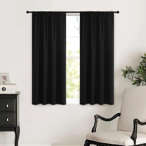 100% Blackout Curtains for Bedroom, Rod Pocket Lightweight Short Curtain for Privacy, Window Treatment Drapes for Kitchen Nursery Bathroom, W52 x L63 per Panel, Black, 1 Pair in Saudi Arabia