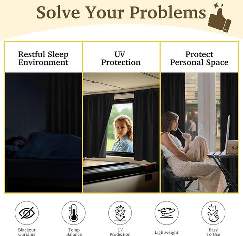 100% Blackout Curtains for Bedroom, Rod Pocket Lightweight Short Curtain for Privacy, Window Treatment Drapes for Kitchen Nursery Bathroom, W52 x L63 per Panel, Black, 1 Pair in Saudi Arabia