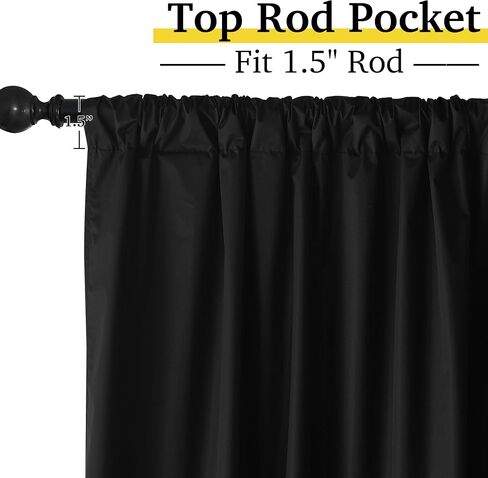 100% Blackout Curtains for Bedroom, Rod Pocket Lightweight Short Curtain for Privacy, Window Treatment Drapes for Kitchen Nursery Bathroom, W52 x L63 per Panel, Black, 1 Pair in Saudi Arabia