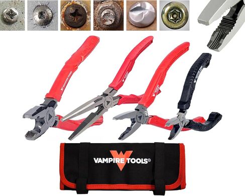 مجموعة كماشة مستخرج براغي مكونة من 4 قطع من VAMPLIERS مصنوعة في اليابان: مساعد خط مقاس 8 بوصات، أنف طويل مقاس 7.5 بوصات، مجموعة مقاس 6.25 بوصات، كماشة صغيرة آمنة ESD مقاس 5 بوصات + حقيبة أدوات. قم بإزالة أي براغي مقطوعة/تالفة/صدئة. in Kuwait