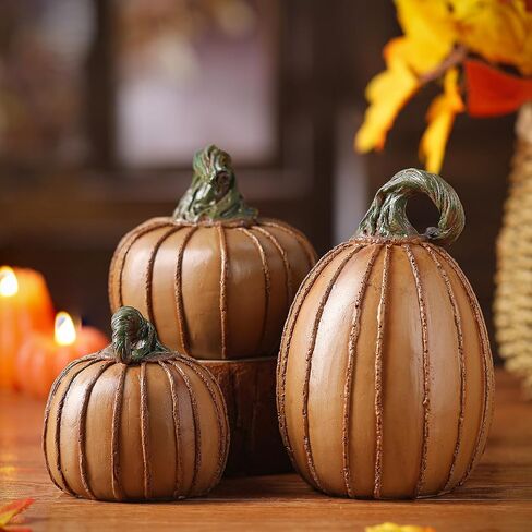 Vicenpal 3 Pcs Neutral Rustic Fall Pumpkin Decor Brown Resin Fake Pumpkins for Decorating Striped Artificial Faux Pumpkins Fall Home Decor for Mantel Table Home Autumn Thanksgiving Indoor in Saudi Arabia