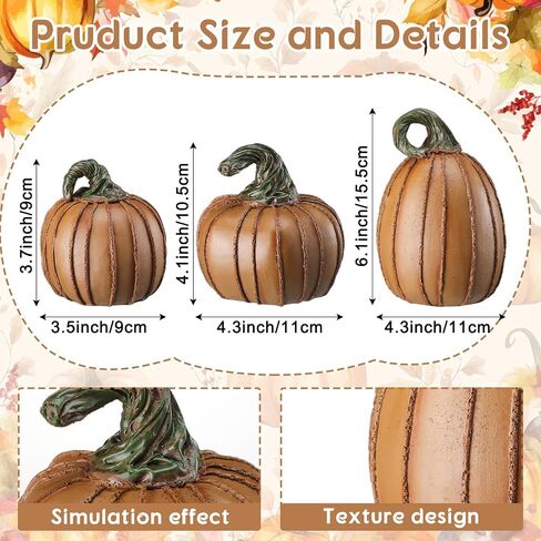 Vicenpal 3 Pcs Neutral Rustic Fall Pumpkin Decor Brown Resin Fake Pumpkins for Decorating Striped Artificial Faux Pumpkins Fall Home Decor for Mantel Table Home Autumn Thanksgiving Indoor in Saudi Arabia