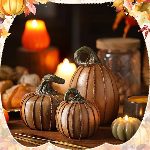 Vicenpal 3 Pcs Neutral Rustic Fall Pumpkin Decor Brown Resin Fake Pumpkins for Decorating Striped Artificial Faux Pumpkins Fall Home Decor for Mantel Table Home Autumn Thanksgiving Indoor in Saudi Arabia