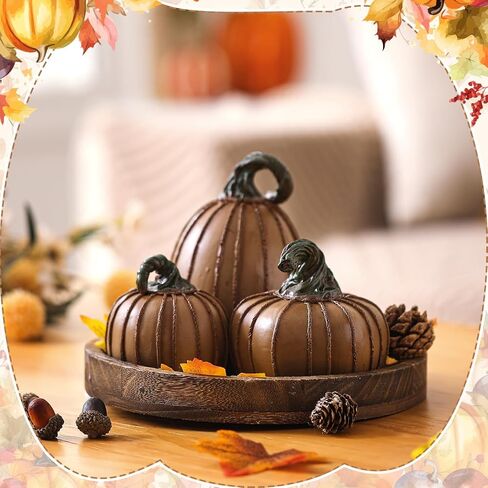 Vicenpal 3 Pcs Neutral Rustic Fall Pumpkin Decor Brown Resin Fake Pumpkins for Decorating Striped Artificial Faux Pumpkins Fall Home Decor for Mantel Table Home Autumn Thanksgiving Indoor in Saudi Arabia