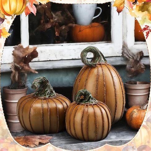 Vicenpal 3 Pcs Neutral Rustic Fall Pumpkin Decor Brown Resin Fake Pumpkins for Decorating Striped Artificial Faux Pumpkins Fall Home Decor for Mantel Table Home Autumn Thanksgiving Indoor in Saudi Arabia