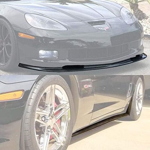 for 2005-2013 Chevrolet Corvette C6 Wide Body Models | ZR1 Style Front Bumper Lip Splitter with Side Skirts Rocker Panel Mud Flap Pair (ABS Plastic - Painted Glossy Black) in Saudi Arabia
