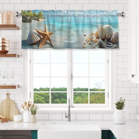 Beach Starfish Shell Valance for Window Coastal Curtain Valance for Kitchen Bathroom Bedroom Living Room Window Treatment Decor Curtains Rod Pocket 54x18 Inch in Saudi Arabia