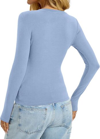 Womens Cotton Long Sleeve Shirts V Neck Slim Fit Tops Basic Tees Going Out Outfits 2025 Fall Spring in Saudi Arabia