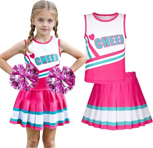 COTRIO Cheerleader Outfit for Girls Cheerleader Costume Cheer Practice Clothes Halloween Cheerleading Uniform with Pom Poms in Kuwait