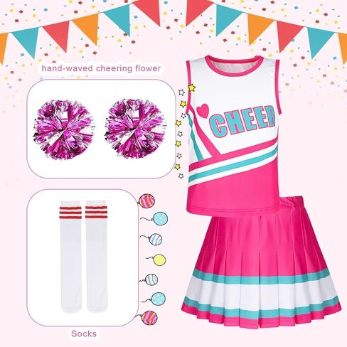 COTRIO Cheerleader Outfit for Girls Cheerleader Costume Cheer Practice Clothes Halloween Cheerleading Uniform with Pom Poms in Kuwait