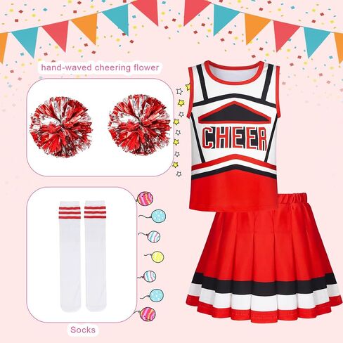 COTRIO Cheerleader Outfit for Girls Cheerleader Costume Cheer Practice Clothes Halloween Cheerleading Uniform with Pom Poms in Kuwait