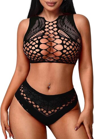 Fishnet Lingerie Sets for Women Sexy Two Piece Sleeveless Crop Top Bra and Panty Set Club Rave Outfits Swimsuit Cover Up Set in Saudi Arabia
