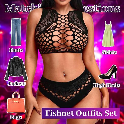 Fishnet Lingerie Sets for Women Sexy Two Piece Sleeveless Crop Top Bra and Panty Set Club Rave Outfits Swimsuit Cover Up Set in Saudi Arabia