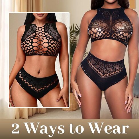 Fishnet Lingerie Sets for Women Sexy Two Piece Sleeveless Crop Top Bra and Panty Set Club Rave Outfits Swimsuit Cover Up Set in Saudi Arabia