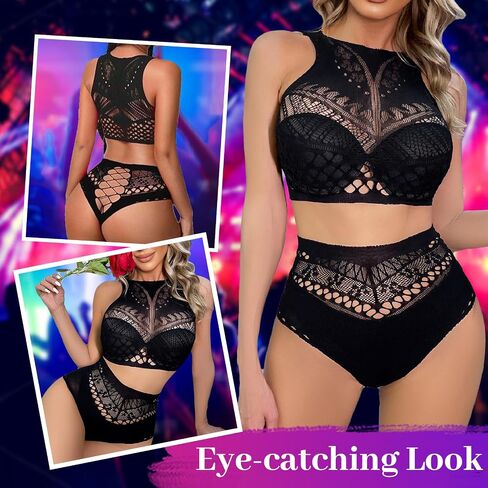 Fishnet Lingerie Sets for Women Sexy Two Piece Sleeveless Crop Top Bra and Panty Set Club Rave Outfits Swimsuit Cover Up Set in Saudi Arabia
