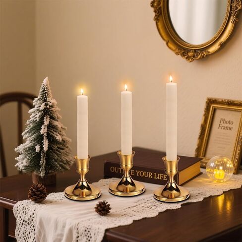 3 Pcs Brass Gold Taper Candle Holders, Vintage Metal Candlestick Holders Set for Dining Table, Wedding & Party Centerpiece Decor, Fits Standard Taper Candles, Mantel & Home Decorations in Saudi Arabia