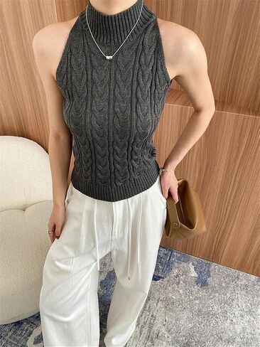 Women Cable Knitted Tops Turtleneck Halter Tank Top Sleeveless Sweater Vest in Saudi Arabia