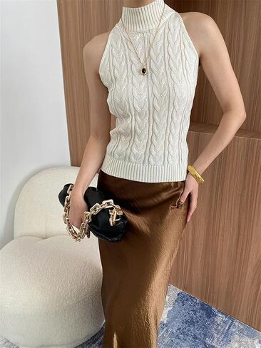Women Cable Knitted Tops Turtleneck Halter Tank Top Sleeveless Sweater Vest in Saudi Arabia