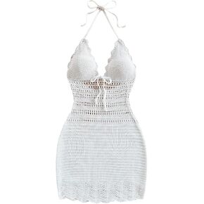 GORGLITTER Women's Crochet Halter Mini Dress Bow Backless Bodycon Knit Dresses Summer Festival Outfits in Saudi Arabia