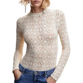 Sheer Mesh Long Sleeve Layering Tops for Women Crew Neck Floral Lace Blouse Sexy See Through Going Out Shirts in Kuwait