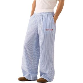 OYOANGLE Men's Striped Pants Letter Patched Straight Leg Lounge Trousers with Pocket in Saudi Arabia