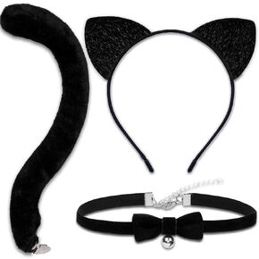 Cat Ears Headband and Tail Bell Collar Set Cat Costumes for Women Black Cat Ears and Tail Set Halloween Party Cosplay Costume Accessories for Women in Saudi Arabia