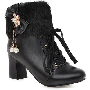 Women'S Leather Lace-Up Mid Block Heel Ankle Boots Fashion Round Toe Furry Bow Chunky Heels Snow Boots For Wedding Party in Saudi Arabia