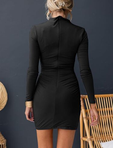 فستان نسائي قصير مثير كاجوال من OWIN برقبة وهمية وأكمام طويلة مكشكشة لحفلات الكوكتيل in Kuwait