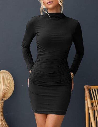 فستان نسائي قصير مثير كاجوال من OWIN برقبة وهمية وأكمام طويلة مكشكشة لحفلات الكوكتيل in Kuwait