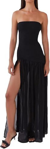 Willow Dance Women Tube Top Dress Printed Mesh Patchwork Maxi Dress Strapless Sexy High Slit Long Dresses Party Clubwear in Kuwait