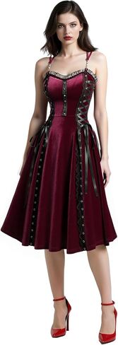 DRESSFO Women Gothic Vintage Costume Lace Up PU Strap Rivet Crisscross Strappy Velvet Halloween Goth Dress in Kuwait