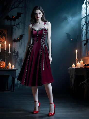 DRESSFO Women Gothic Vintage Costume Lace Up PU Strap Rivet Crisscross Strappy Velvet Halloween Goth Dress in Kuwait
