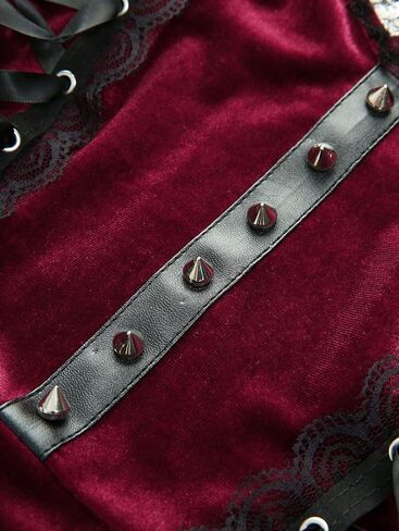 DRESSFO Women Gothic Vintage Costume Lace Up PU Strap Rivet Crisscross Strappy Velvet Halloween Goth Dress in Kuwait