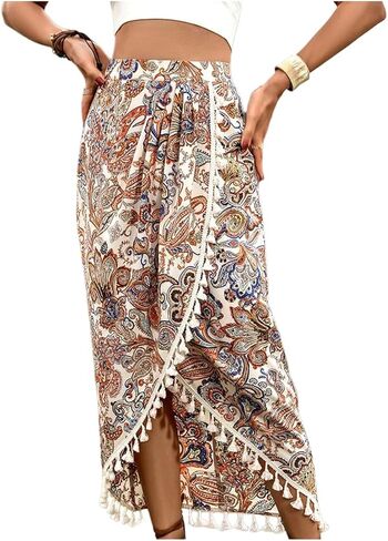 تنورة Verdusa النسائية ذات طباعة بيزلي ملفوفة بشراشيب بوهو عالية الخصر تنانير طويلة متماثلة غربية in Kuwait